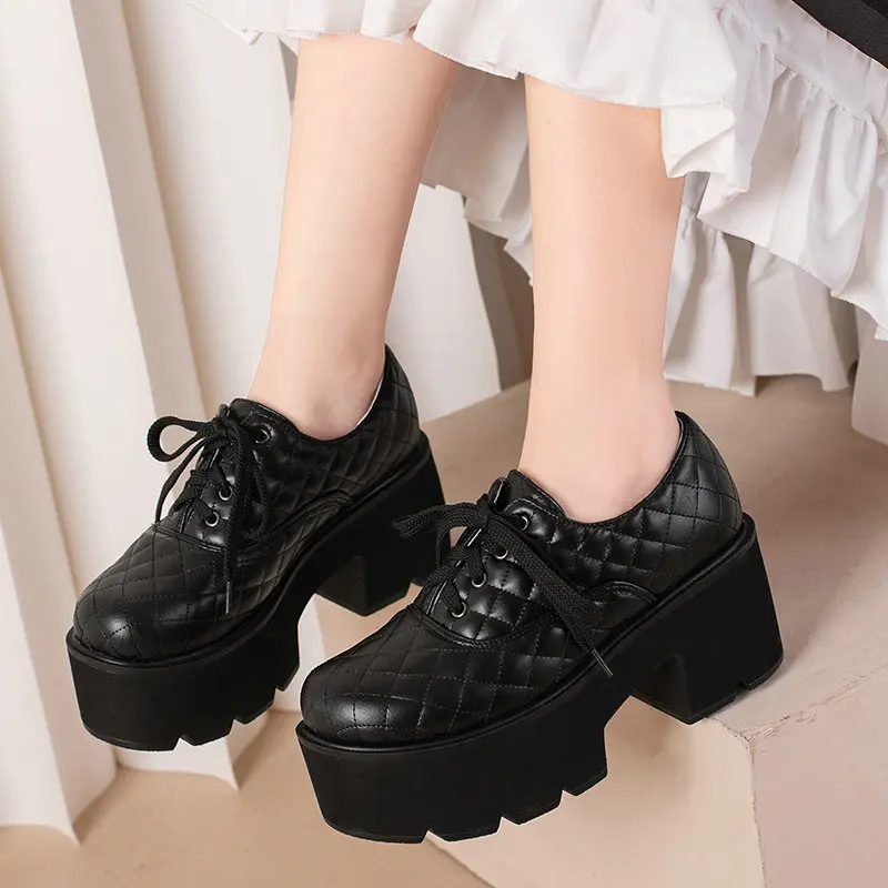 

Зима-Осень для девочек, милые туфли дерби в стиле Лолиты, туфли-дерби на квадратном массивном каблуке, круглые оксфорды с закрытым носком на шнуровке, туфли-лодочки на платформе