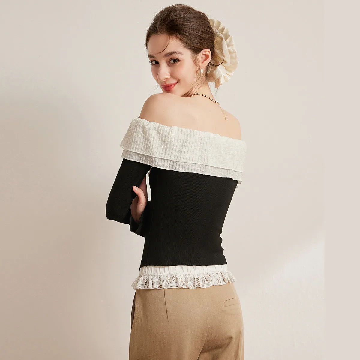 Contrast Colour Slash Neck Shirts Knitwear Fitted Edible Tree Fungus Flare Long Sleeve Women's Blouses Tops Woman Spring 2025