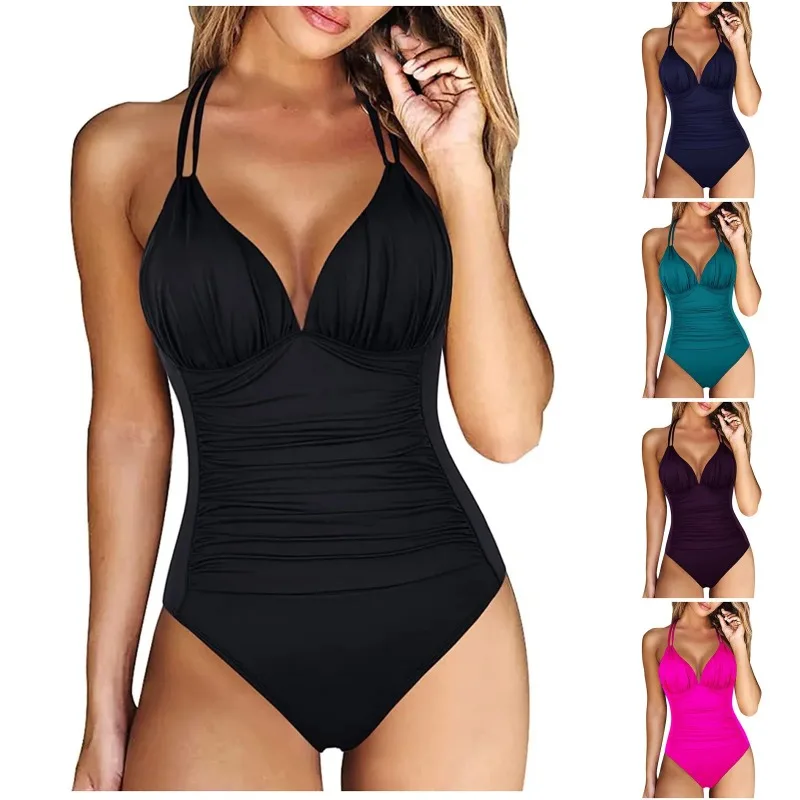 

2025 new necktie rope one-piece bikini swimsuit pure color halter sexy thin suitable for vacation