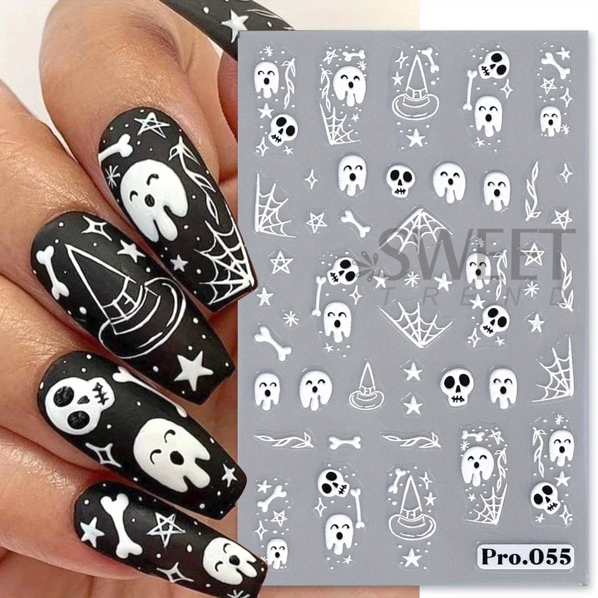 4 pezzi di adesivi per unghie opachi con zucca fantasma di Halloween, teschio spettrale francese, ragnatela, fiori, decalcomanie adesive, decorazioni per manicure