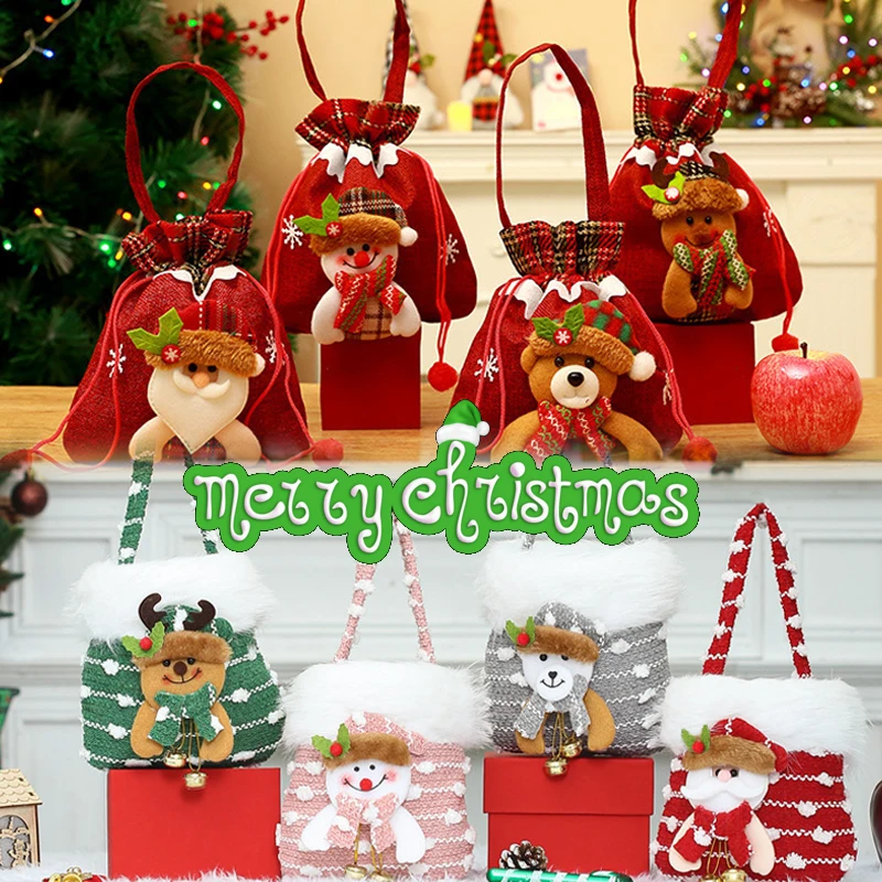 

2025 Cute 3D Doll Christmas Gift Bag with Santa Snowman Reindeer Design Velvet Knit Drawstring Large Capacity Party Favor Bag