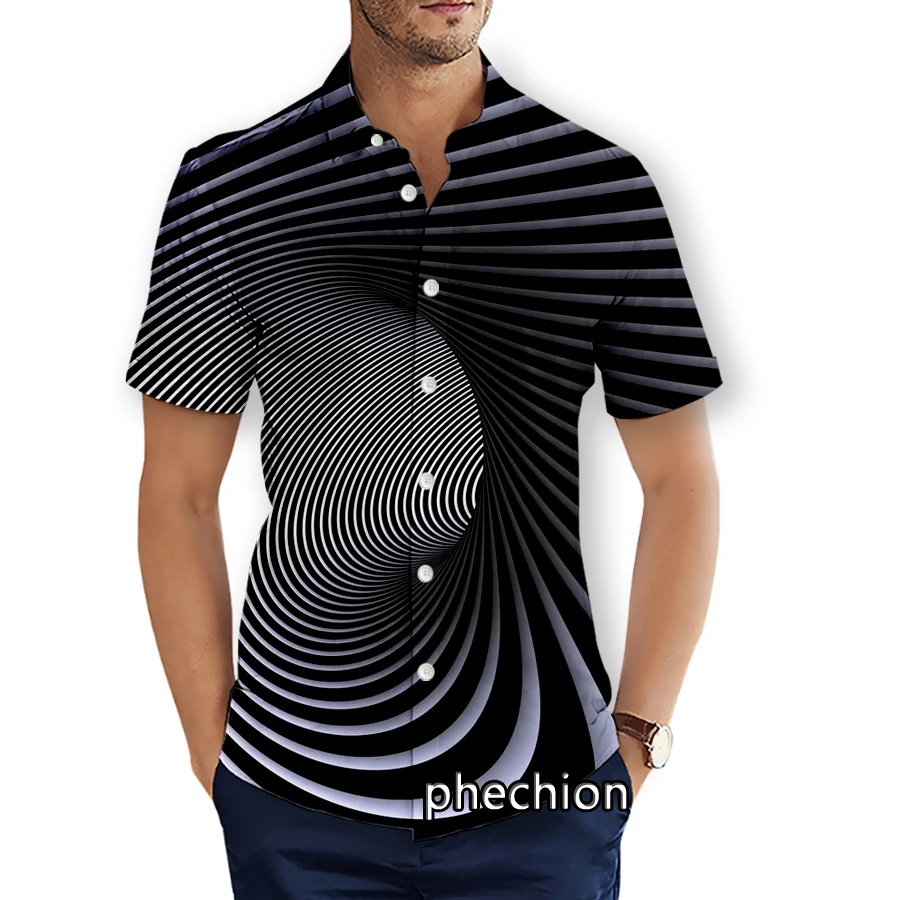 

phechion Mens Short Sleeve Beach Shirts Black and White Psychedelic 3D Printed Casual Shirts Fashion Streetwear Men Tops X80