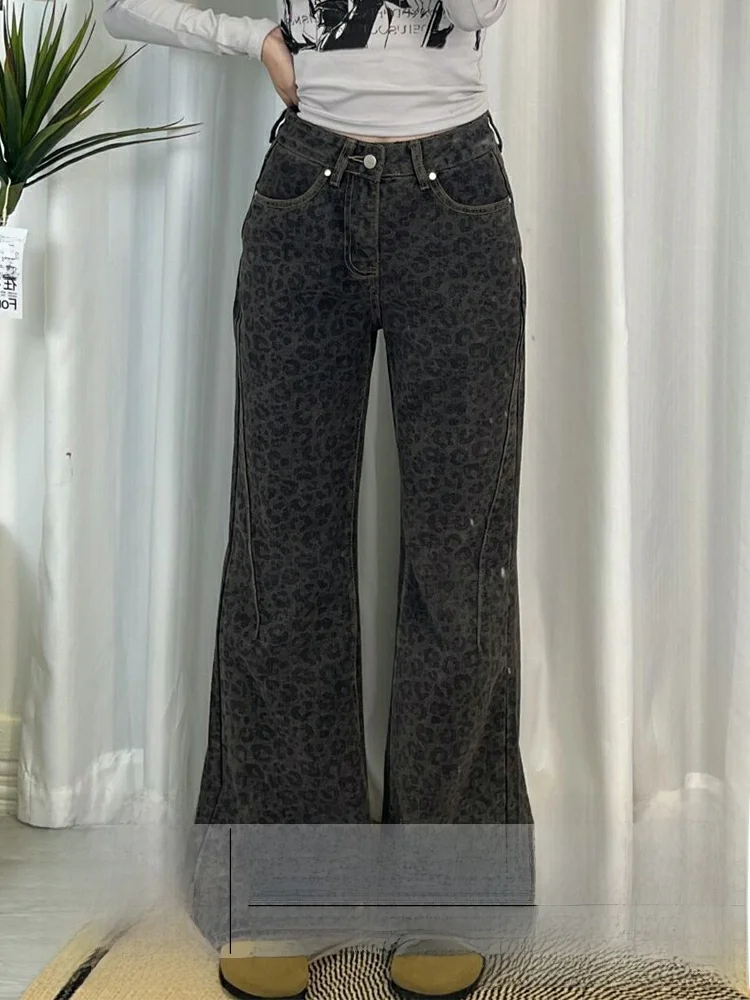 Retro Leopard Print Bell Bot Jeans Women's Slimming High Waist Denim Pants Autumn Winter New Sle for Pear aped Body