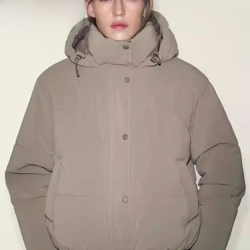 

Thiened ort Hooded Jaet Elastic Hem Zipper Closure Cotton Coat Autumn Winter Faion Casual Sle Long Sve Pure Color