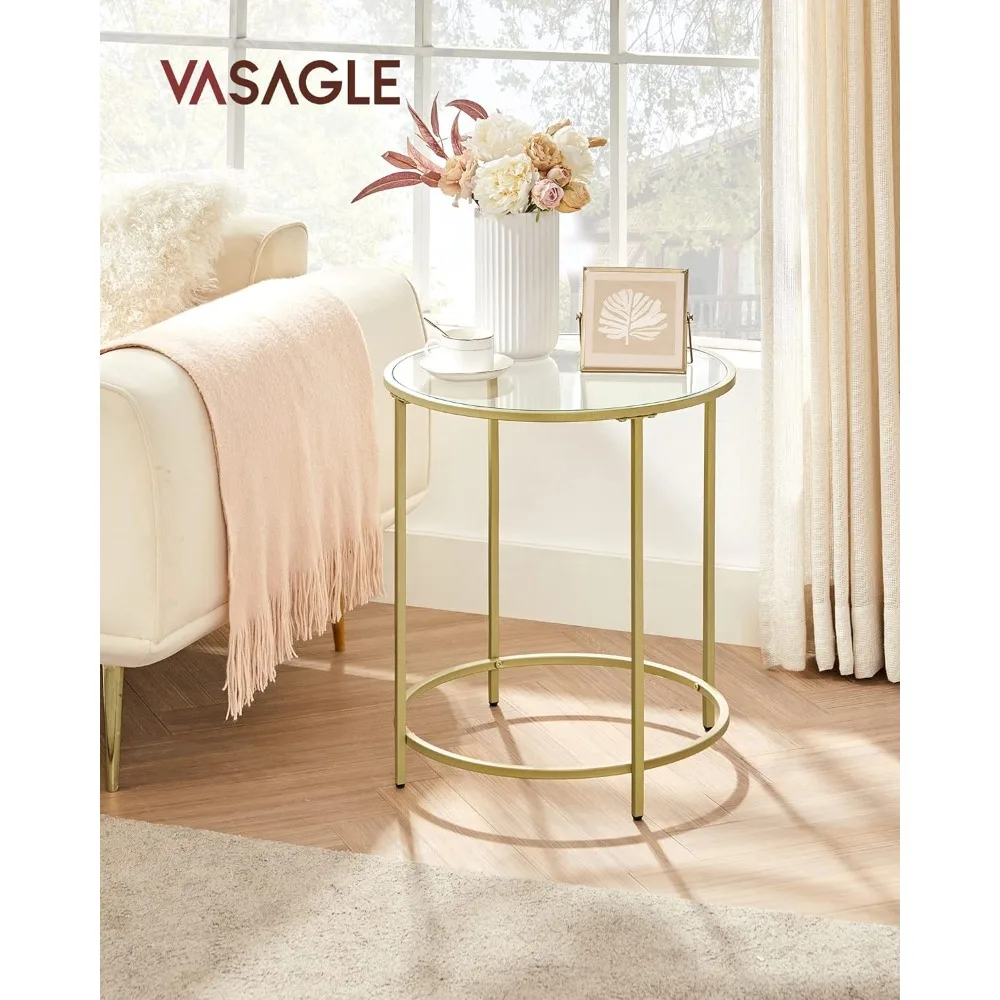 Round Side Table, Glass End Table with Metal Frame, Gold Coffee Table with Modern Style, for Living Room, Balcony, Bedroom,