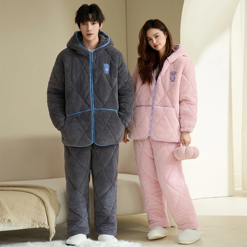 

Зимний 3-слойный хлопковый пижамный комплект с клипсой, пижамы для пар, плотная теплая домашняя одежда с капюшоном
