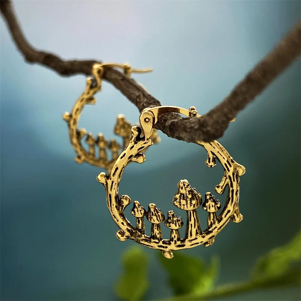 Vintage Bohemian Tree Branch Mushroom Hoop Earrings for Women Ethnic Unique Design Exaggerated Huggies Earring Jhumka Jewelry