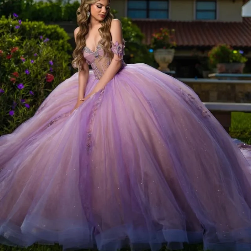 

Lavender Quinceanera Dress Lace off-shoulder Sequins Crystal 3D Flower Decal vestidos de 15 Quinceanera ﻿Customized