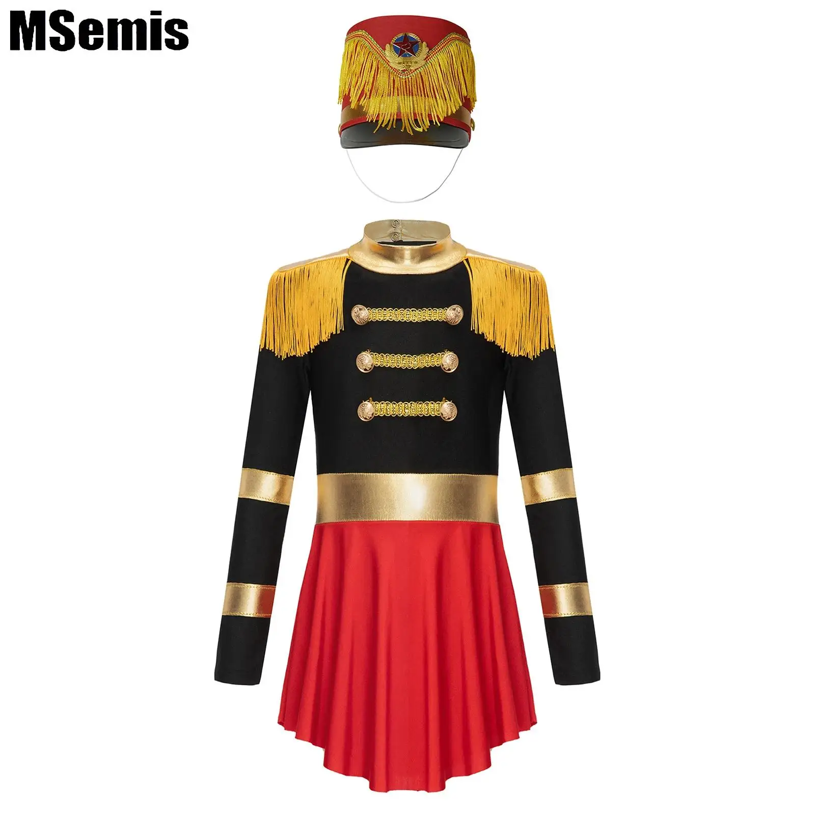 

Kids Girls Circus Ringmaster Costume Set Cosplay Jumpsuit Long Sleeve Fringe Epaulet Cutout Back Jumpsuit with Hat Set