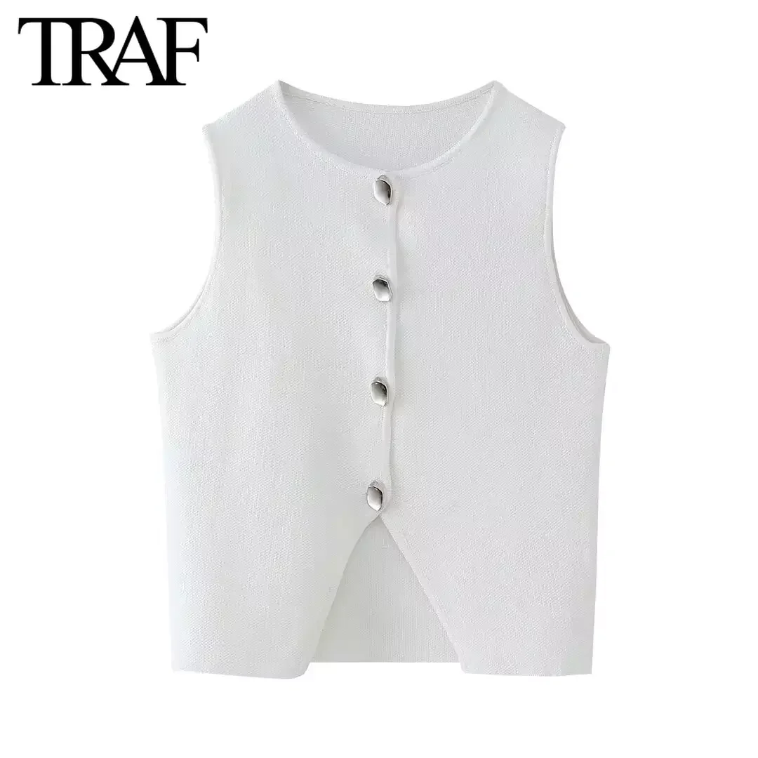 TRAF Women Fashion Summer New Solid Sleeveless Single Breasted Cardigan Round Neck Knitted Sweater Vest Sweet Chic Ladies Tops