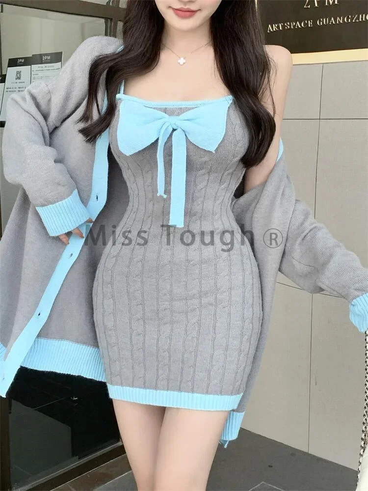 2023 Winter Elegant Knitted New 2 Piece Set Women Bow Y2k Vintage Mini Dress + Sweater Coat Female Korean Fashion Casual Sets