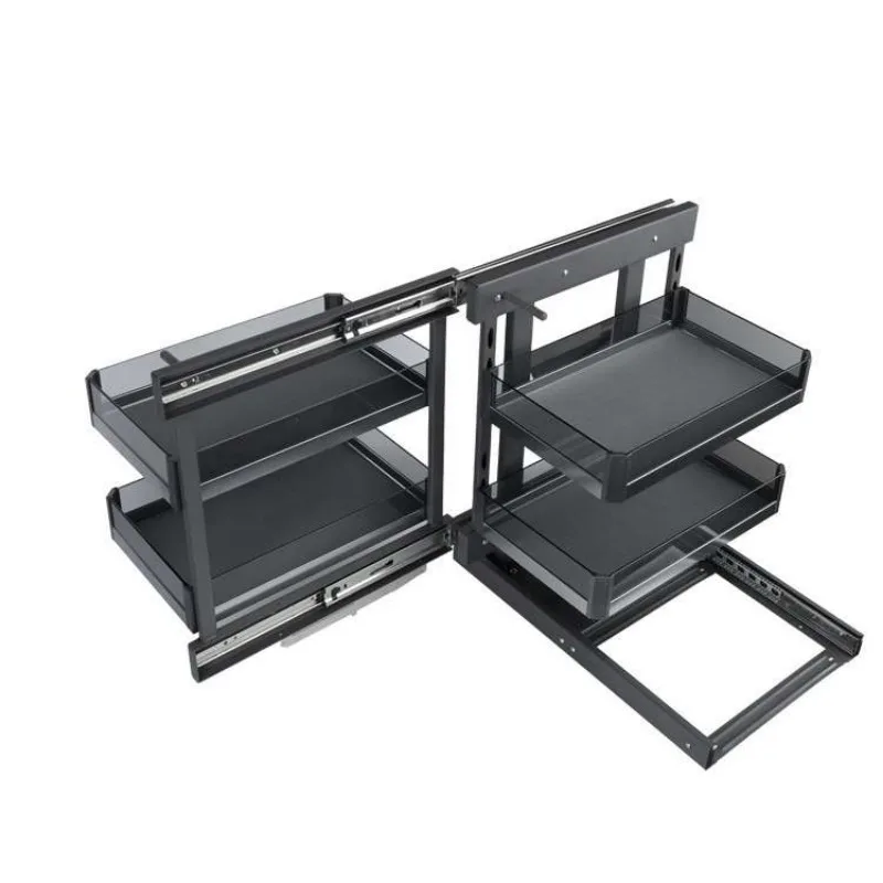 Double Layer Pull‑Out Corner Cabinet Storage Rack, Rotating Metal Soft Close Organizer for L Shape Kitchen Cabinet