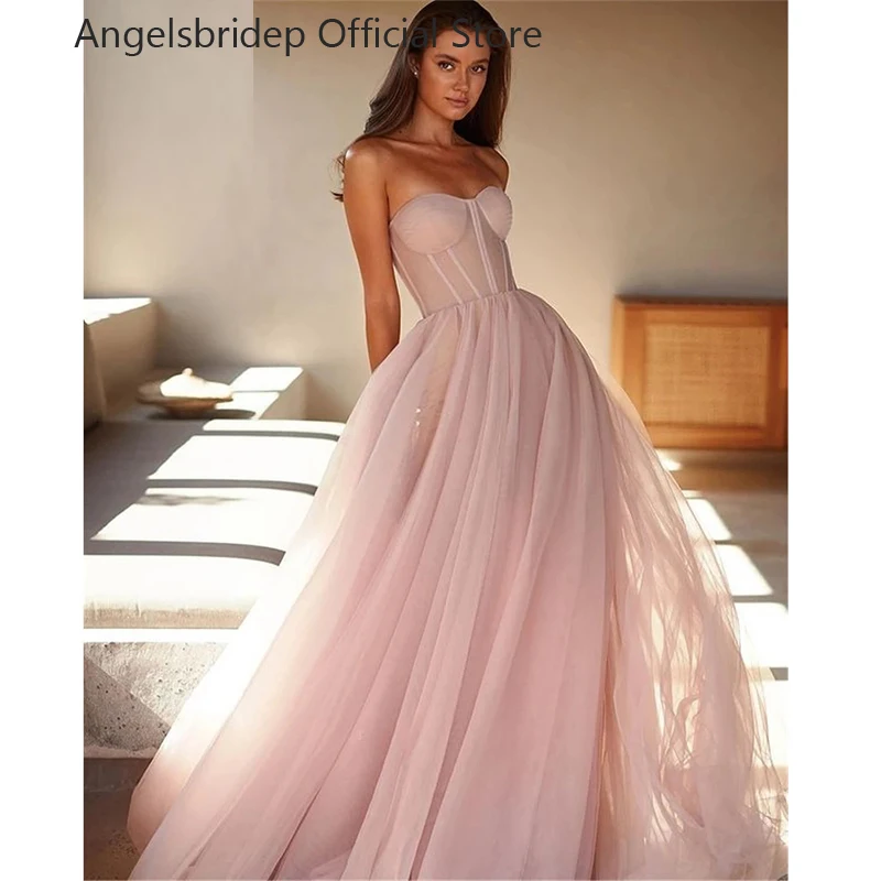 

Angelsbridep Simple Pale Pink Tulle A Line Long Prom Dresses Sweetheart Fish Bones Sheer Top Coset Lace Up Back Evening Gowns