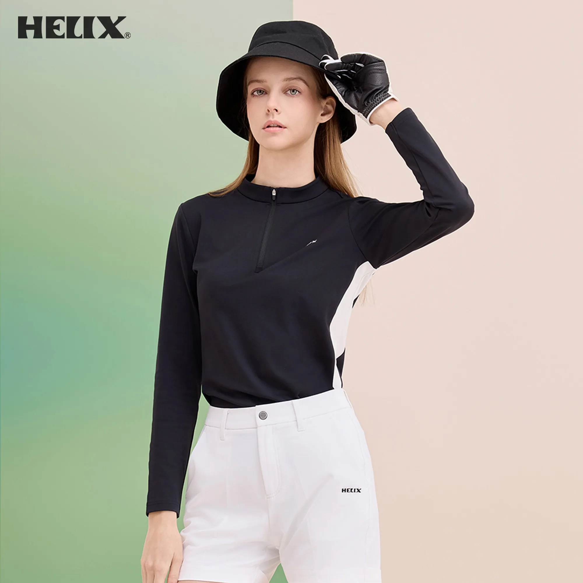 Helix Golf Clothing Women's Long-Sleeved Sports Sun Protection Breathable Top Stand-Up Collar Casual T-Shirt