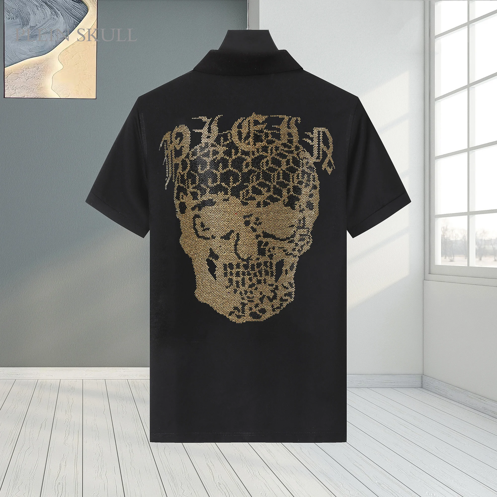

Мужская черная футболка-поло с черепом и стразами, легкая люксовая уличная футболка для отпуска, с коротким рукавом, хлопковая, летняя, в готическом стиле, для повседневной носки и вечеринок