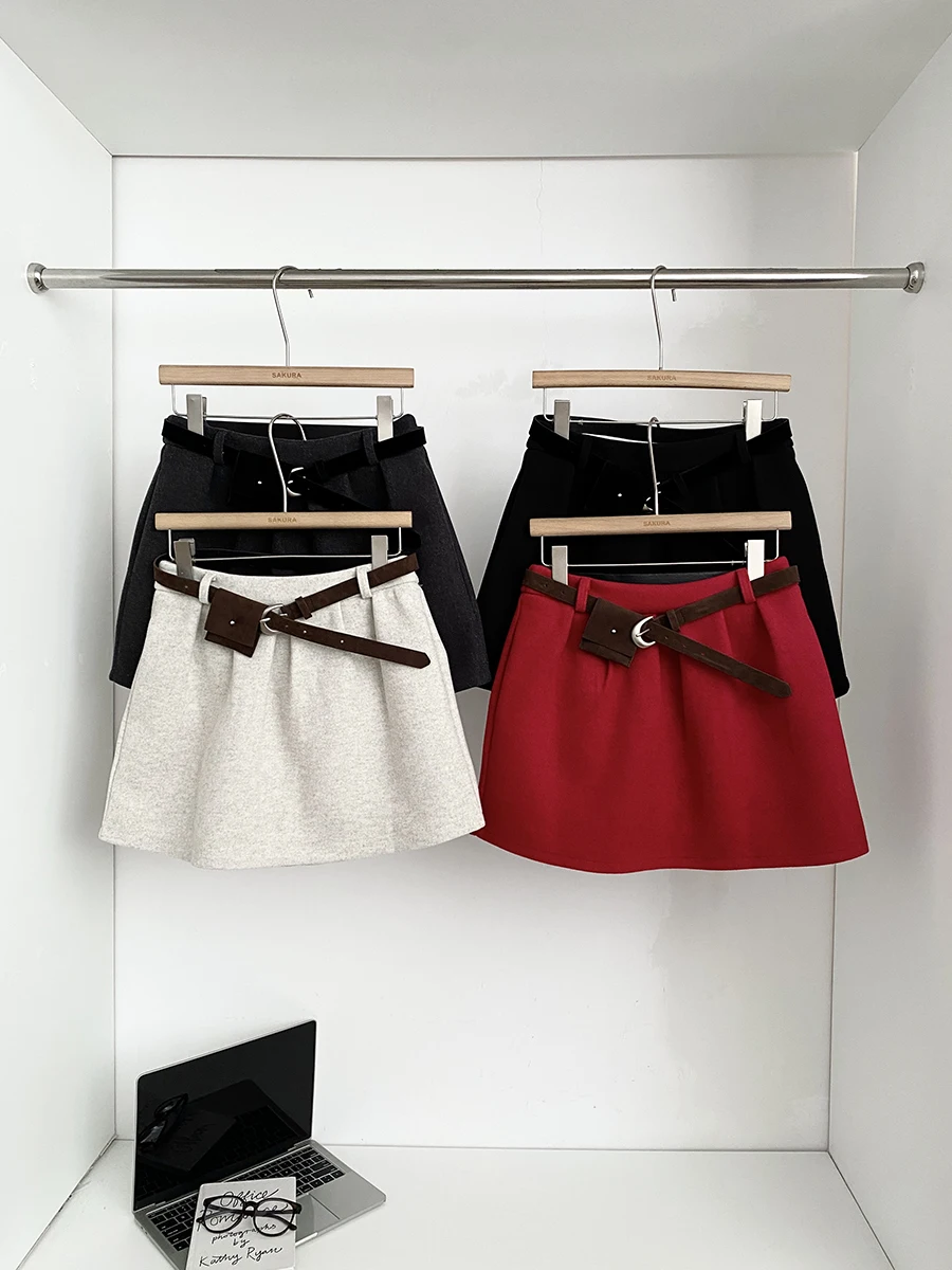 Black High Waist A-Line  Skirt Women's Woolen Winter Fashion Slimming Casual Versatile Commute Polyester Fiber