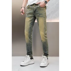 2024Spring and Summer New Retro Blue Worn Jeans Men's Stretch Slim Fashion Simple and Light Luxury Street Trousers