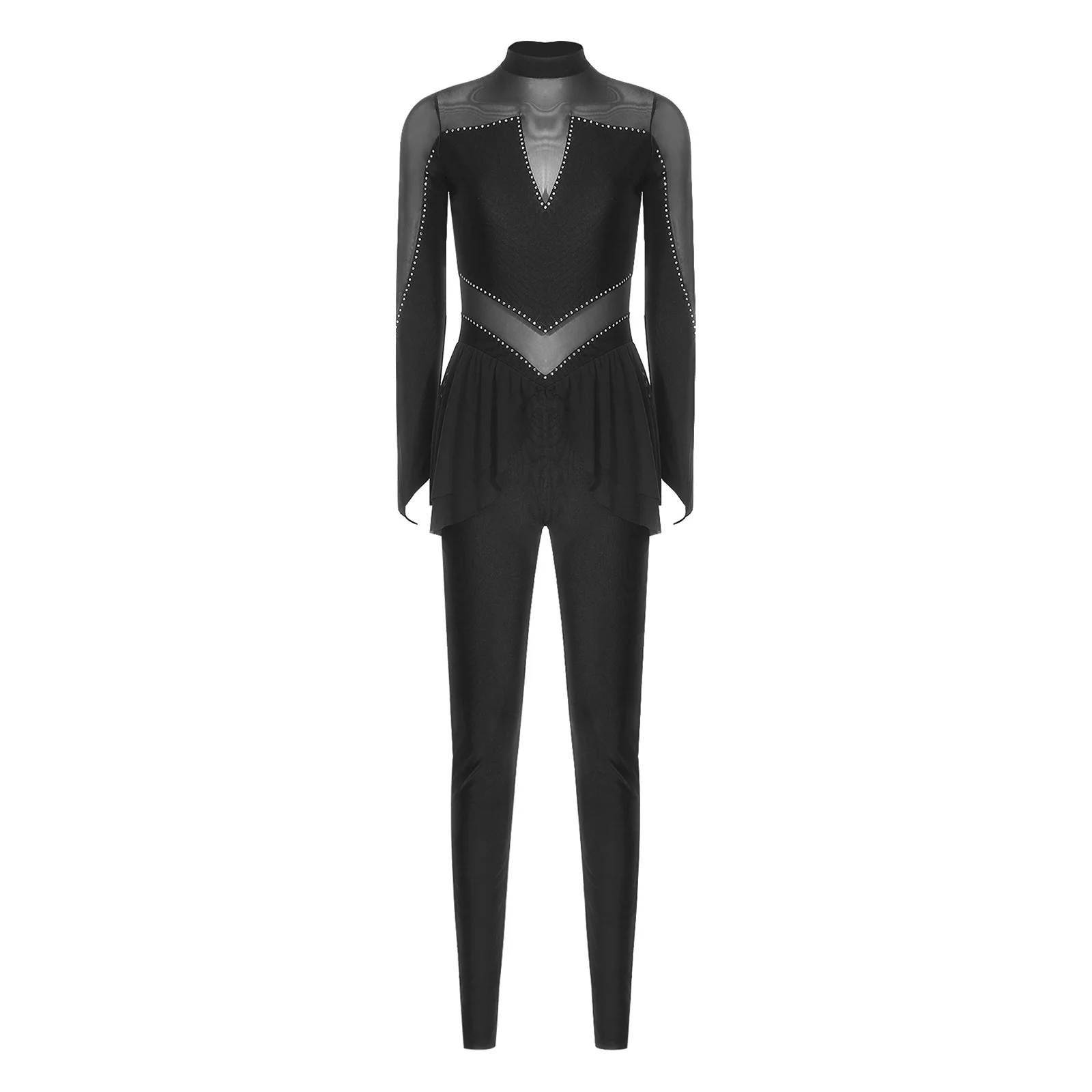Dames kunstschaats jumpsuit pure mesh patchwork glanzende strass yoga legging met lange mouwen unitard voor gymnastiek dans