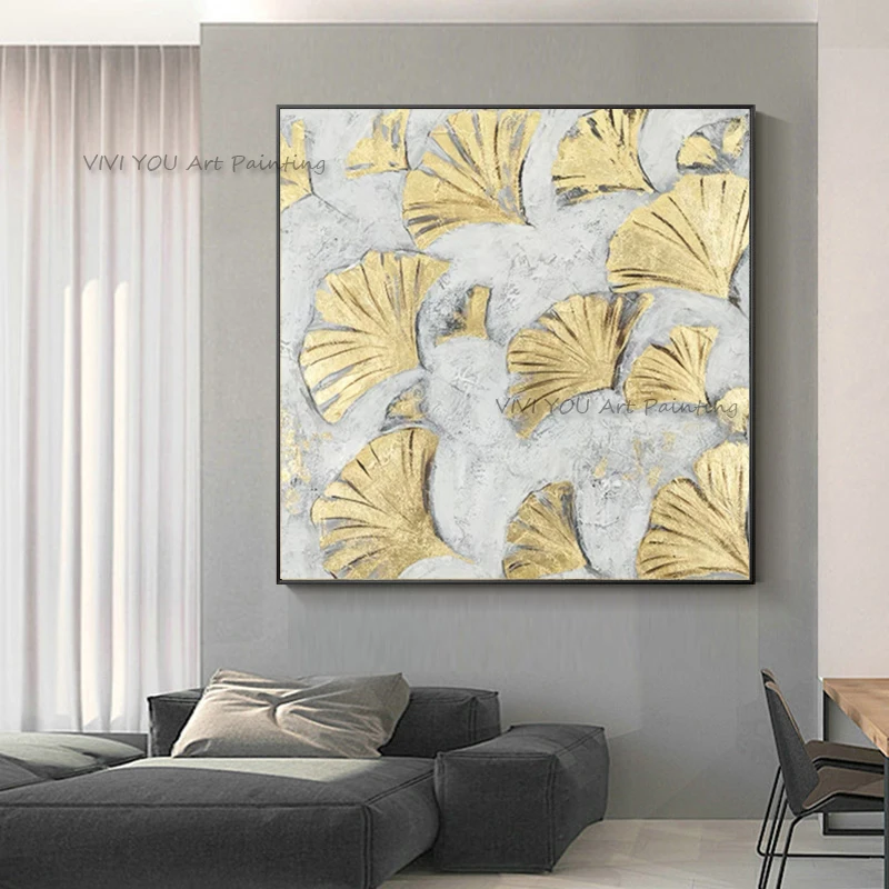 Handpainted Ginkgo biloba leaves with gold foil Oil Painting Drawing Abstract Wall Oil Painting Decor