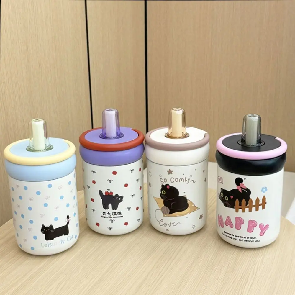 500ml Insulated Water Cup Black Cat 316 Stainless Steel Thermos Bottle Vacuum Flask Cartoon Straw Drinking Cup Cold Hot Mugs