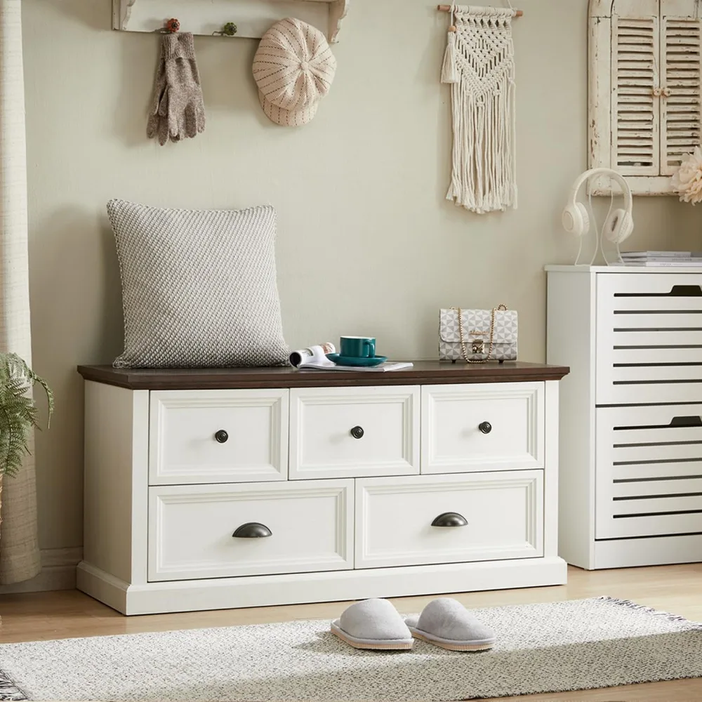 

45" Wide Storage Bench, 21" Tall Farmhouse Entryway Bench w/5 Storage Drawers, Rustic Wooden End of Bed Storage Bench, Kids Toy