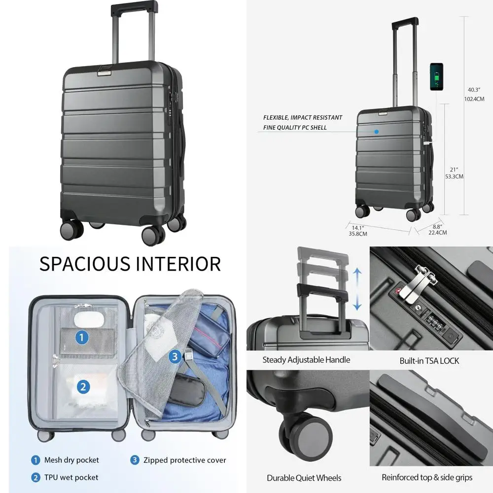 

Расширяемая ручная кладь с твердыми колесами и встроенным замком TSA, прочный чемодан, USB-порт, дорожный чемодан на колесиках