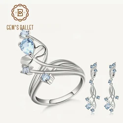GEM'S BALLET Natural Sky Blue Topaz Gemstone Cute Flower Jewelry Sets 925 Sterling Silver Earrings Ring Set For Women Engagement