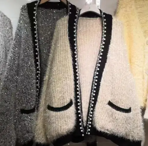 

Женский кардиган, яркий шелковый волосатый свитер с бисером, пальто, осень-зима 202, женское повседневное свободное мягкое липкое вязаное пальто, модное