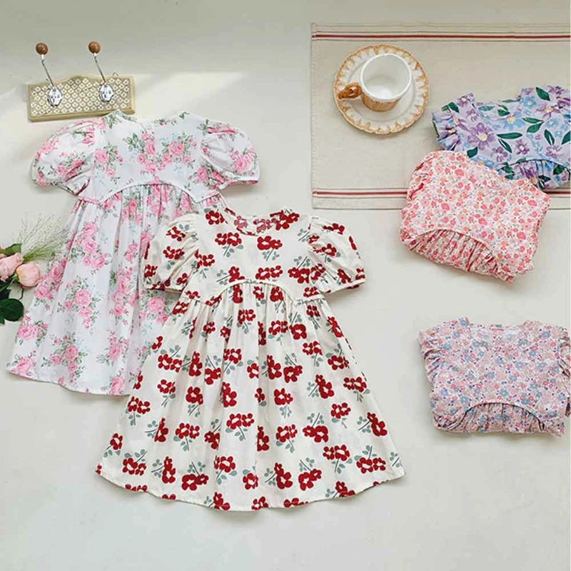 

2025 Summer Baby Girls Short Sleeved Dress Kids Floral Long Skirt Toddler Princess Costume Gown Dresses Children's Clothing