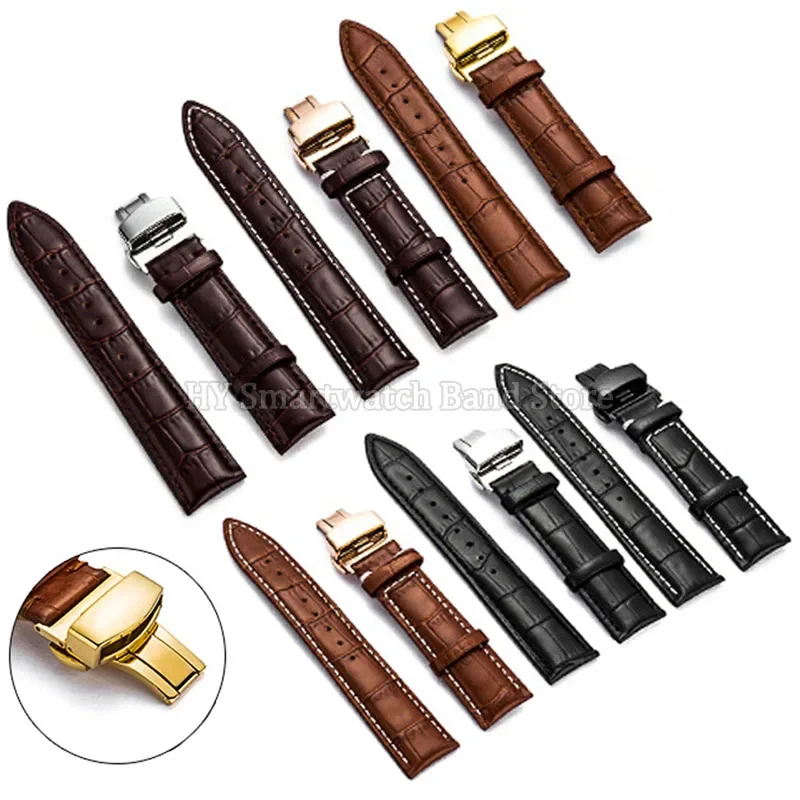 Genuine Cowhide Leather Watch Band 14mm 16mm 18mm 19mm 20mm 22mm 24mm Wrist Band Metal Folding Clasp Replacement Bamboo Bracelet