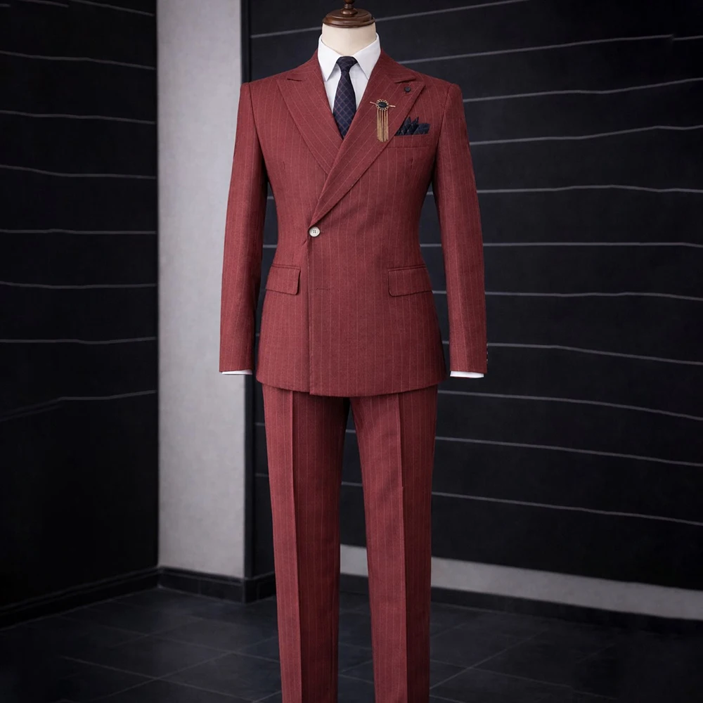 

Pinstripe One-Button Men's Suits Elegant Wedding Peak Lapel Blazer Regular Length 2 Piece Jacket Pants Outfits Costume Homme