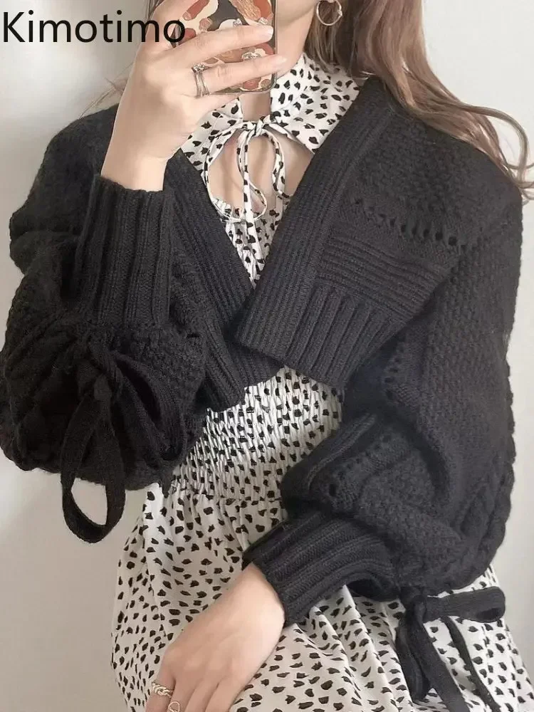 Kimotimo Lace Up Long Sleeve Short Cardigan Women Autumn Solid Hollow Thin Twist Sweater Coat Korean Simple All Match Knitwear