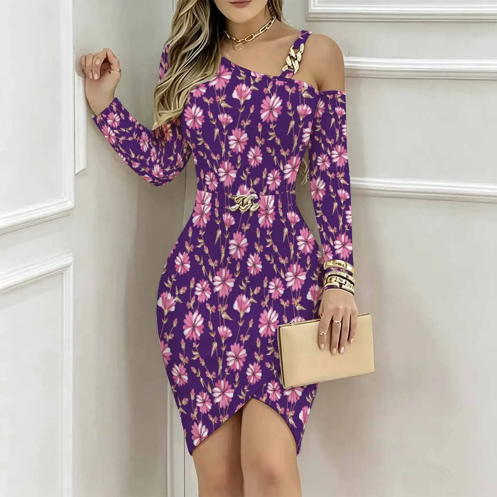 Women One Shoulder Bodycon Midi Dress Chain Strap Detail Metal Buckle Belt Irregular Split Hem Slim Fit Custom Print Part Dress
