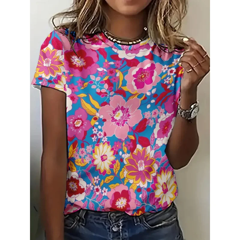 

Fun Plants Pattern T Shirt for Women Colorful Flowers 3D Printed Short Sleeves Tees Summer Casual Loose Y2K O-Neck Tops
