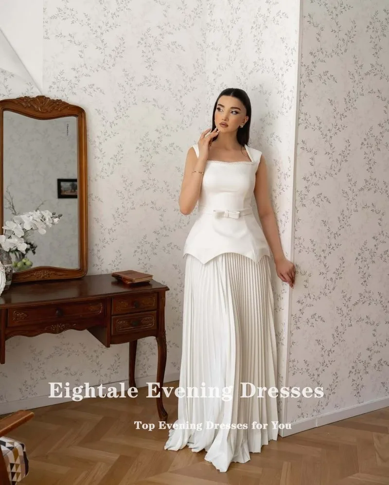 Eightale อาหรับชุดราตรีที่กําหนดเองลูกปัดไข่มุกจีบโบว์ Sashes ชีฟองพรหม Gowns งานแต่งงาน