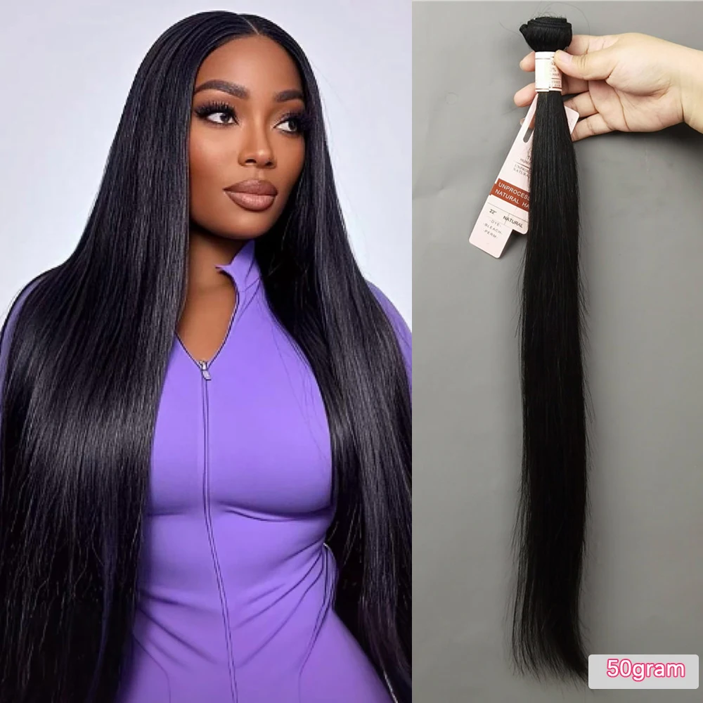Bundel Lurus Rambut Manusia 10-30 Inci Bundel Rambut Lurus 50G/Buah Ekstensi Jalinan Rambut Brasil Warna Hitam Alami