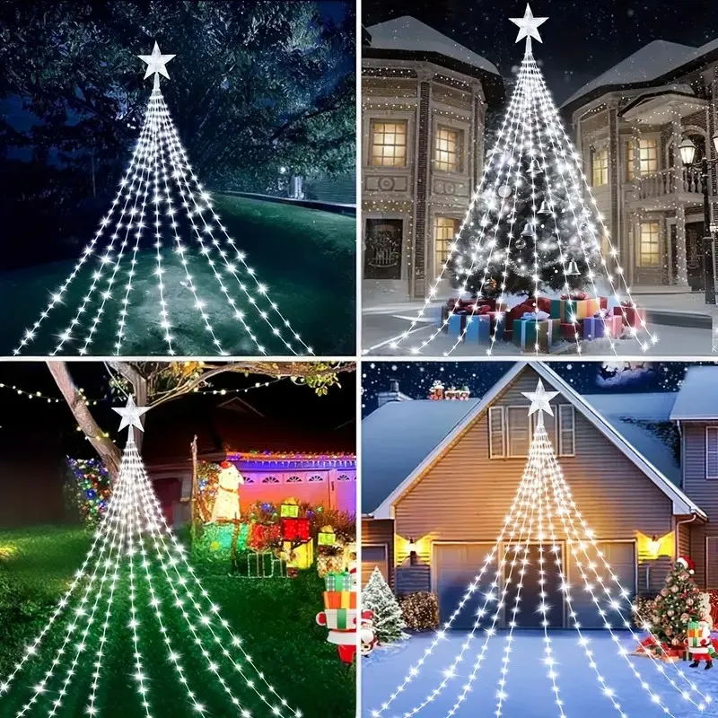 Luces LED solares de cascada con forma de estrella navideña con 8 modos: uso interior/exterior para árbol de Navidad, cortina de jardín, patio