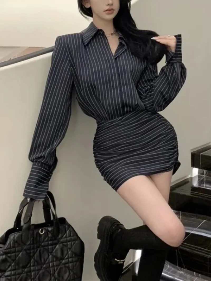 فستان قميص نسائي مخطط بأكمام طويلة فستان قميص الورك المعانقة تنورة قصيرة مكتب سيدة مثير سليم صالح فستان الكورية نمط 2025 #6