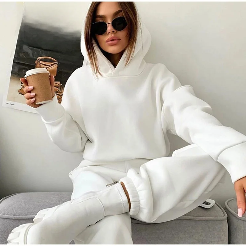 Herfst Winter Dames Hoodie Sweatshirt Spor Casual Lange Broek Tweedelige Set Comfortabel Warm Polyester Faion Ensemble