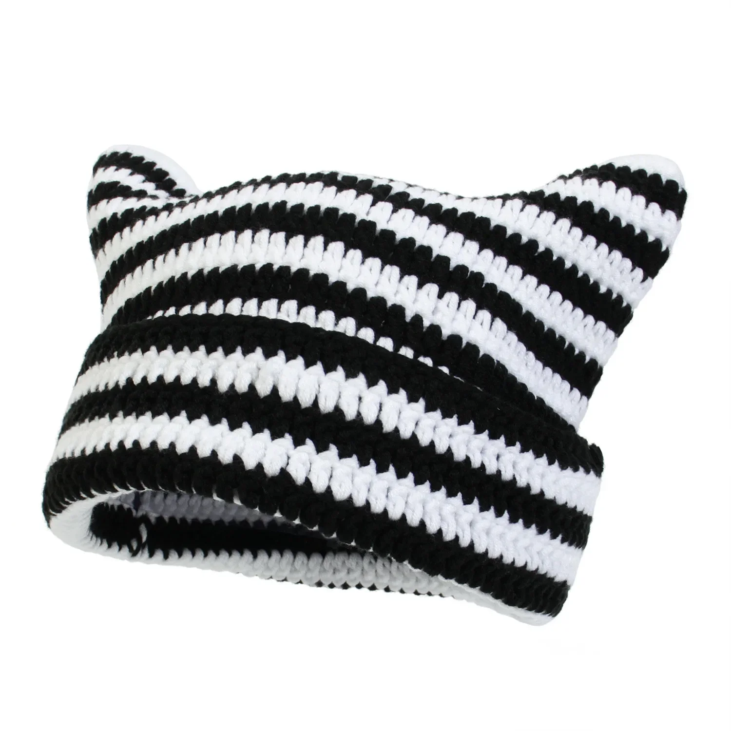 2023 New Japanese Little Devil Hand Crocheted Wool Hat Stripe Hat Cute Cat\'s Ears Steamed Cat-ear Shaped Bread Casual Warm Hat