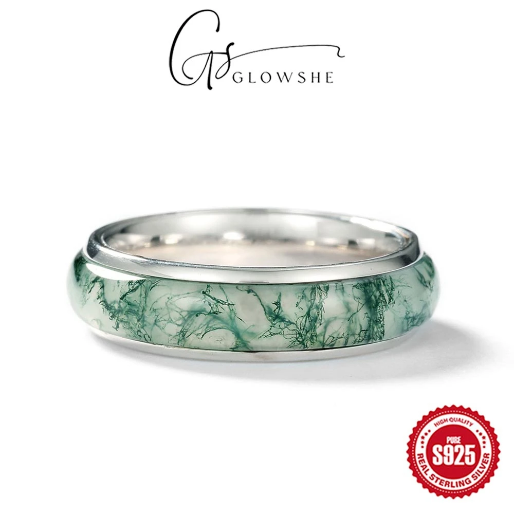 

Glowshe 925 Sterling Silver Moss Agate Ring Party Creative Luxury Fine Jewelry 2025 New Design Chinese Retro Finger Jewelry Gift