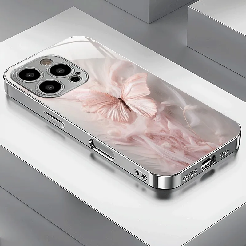 

Pink Butterfly Pattern Electroplated Silver Glass Phone Case For iPhone 17 16 15 14 13 12 11 Pro Max 14 15 Plus 16E 17 Air Cover