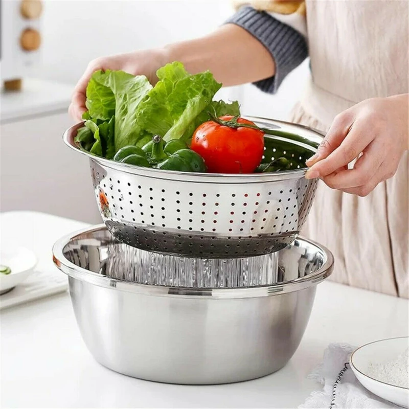 3pcs/ 1set Vegetable Slicer Multifunctional Stainless Steel Vegetable Cutter Fruit Salad Fruit Bowl Drain Basket Kitchen Gadgets