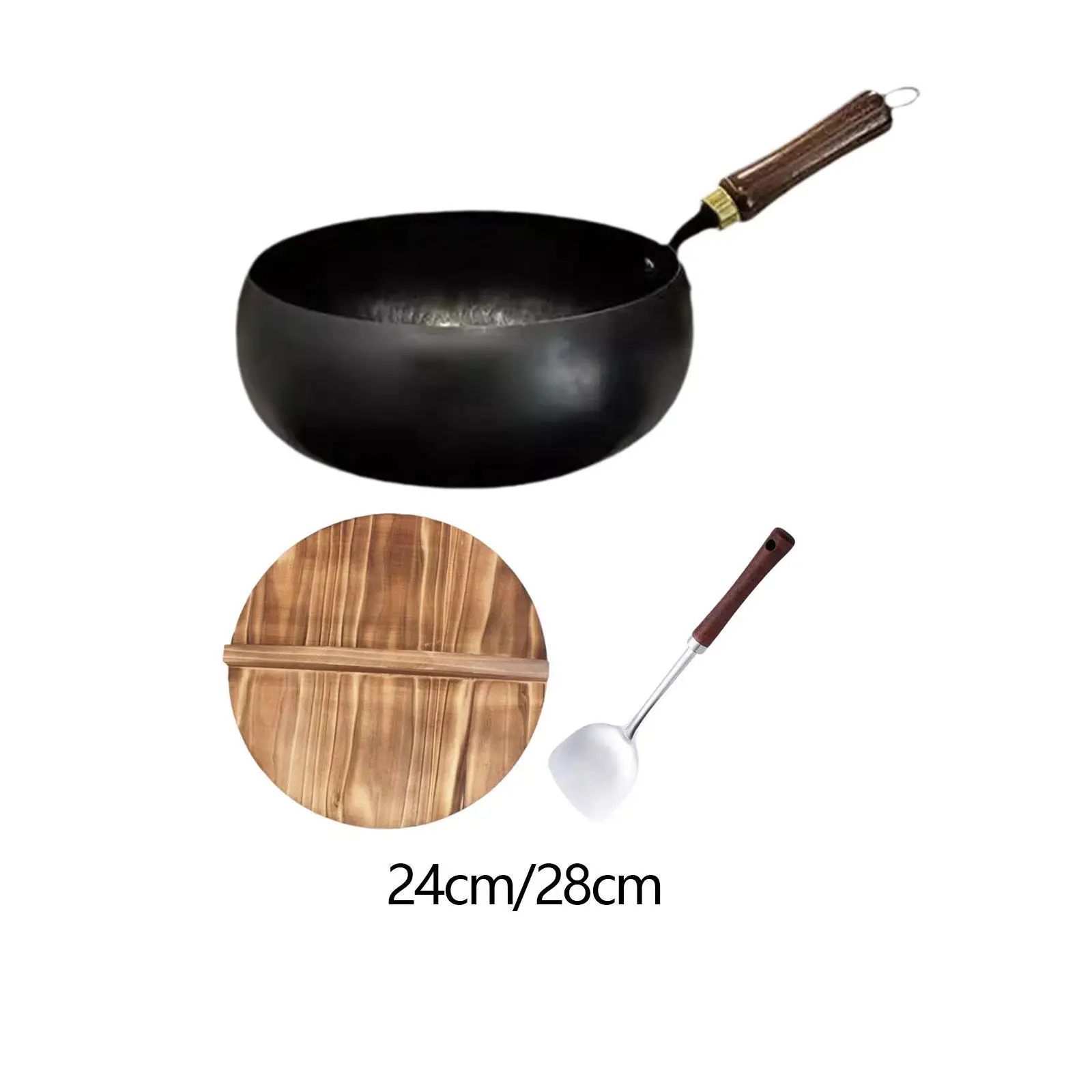 Universal Wok Pan Nonstick Frying Pan Thick Bottom Thin Wall Even Heat Conduction Wooden Handle for Chinese Cuisine Cooking
