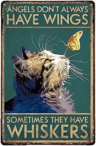 RIFOSA Vintage Metal Tin Sign Cat Angels Don't Always Have Wings Vertical Halloween Tin Signs for Home Decor Bar Pub Coffee