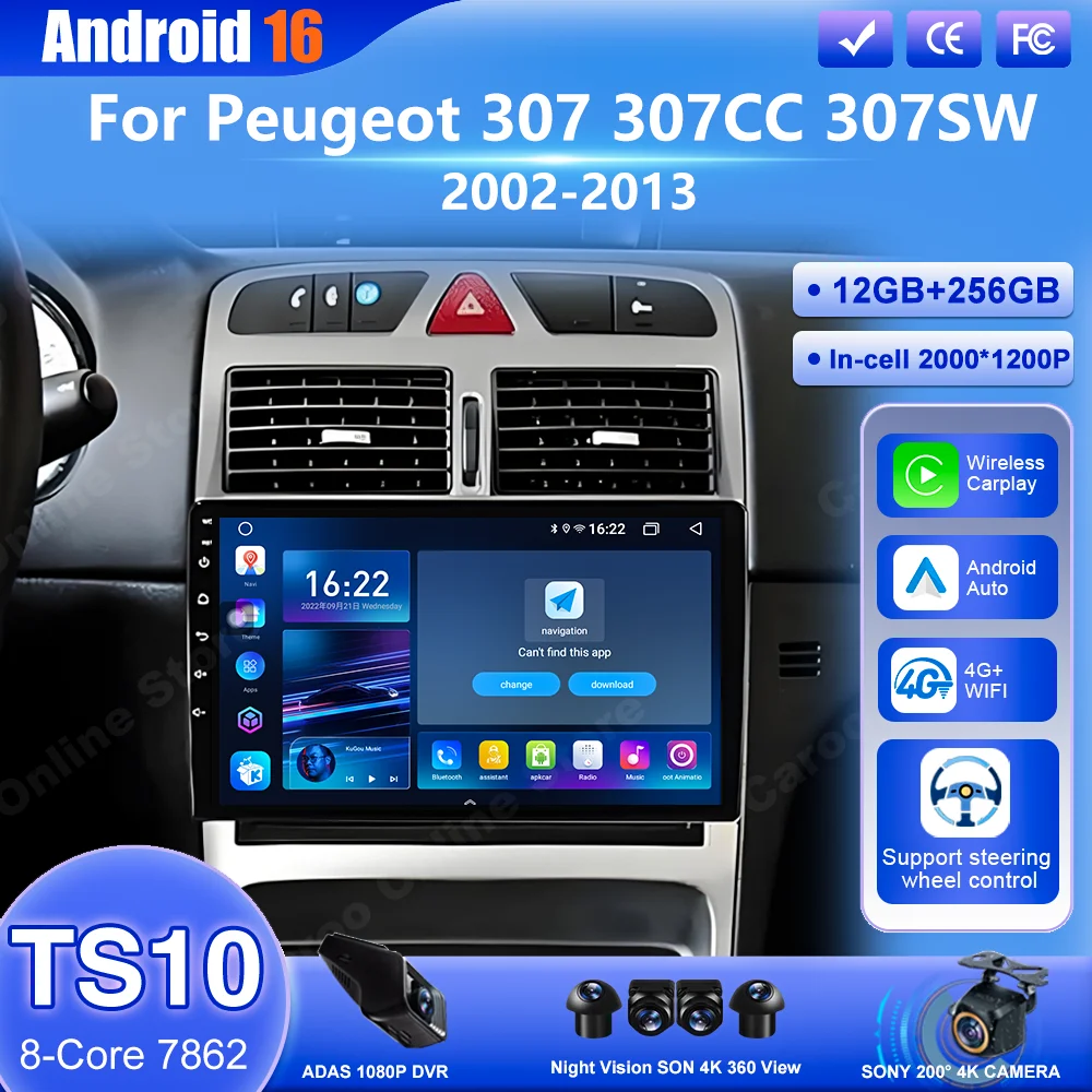 Android 16 Car Radio Stereo For Peugeot 307 307CC 307SW 2002-2013 Auto Wireless Carplay Multimedia Video Player GPS 4G+Wifi 2DIN
