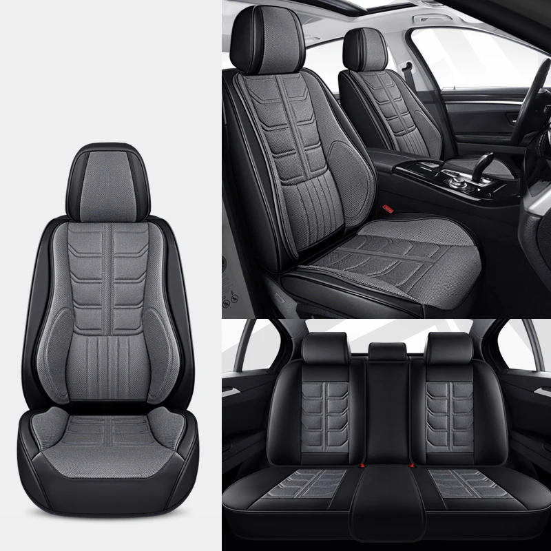 Universal Full Set Car Seat Covers For Hyundai Tucson Kona IX35 HB20 i30 i10 i40 Ioniq 5 Leather+Flax Auto Accessories Interior