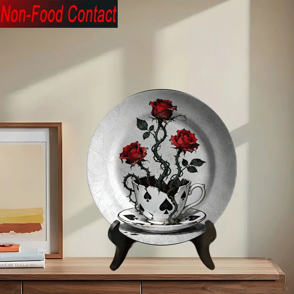 1pc Elegant Black & White Rose & Spade Design Ceramic Decorative Plate - Non-Food Contact Tabletop Decor for Living Room,