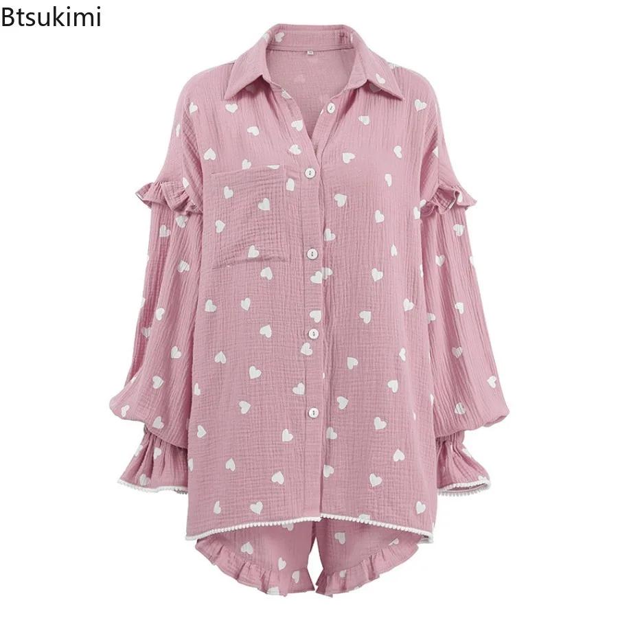 2025Women's Loose Cotton Pajama Sets Chic Ruffles Pink Heart Print Long Sleeve Tops and Short Sets Irregular Home Wear 2PCS Sets