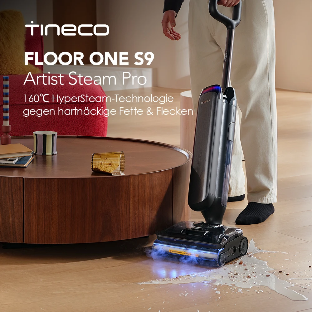 Tineco Floor One S9 Artist Steam Pro Nass Trockensauger, 160℃ HyperSteam Dampfreiniger, ReverseScrub, 90 Min Laufzeit, FlashDry & SilentDry, DualBlock Anti-Tangle, SmoothDrive, hartnäckige Flecken